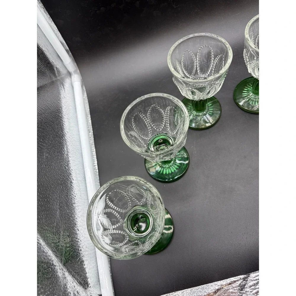 Vintage‎ Pressed Glass Juice Cordial Glasses Green Stem Beaded Swag Set of 6